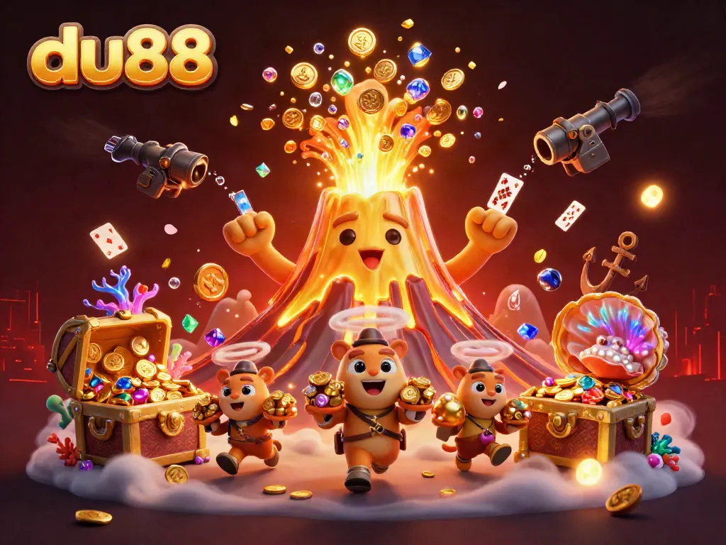 Experience the thrill of du88 with a triumphant golden volcano erupting treasures in a colorful casino adventure.
