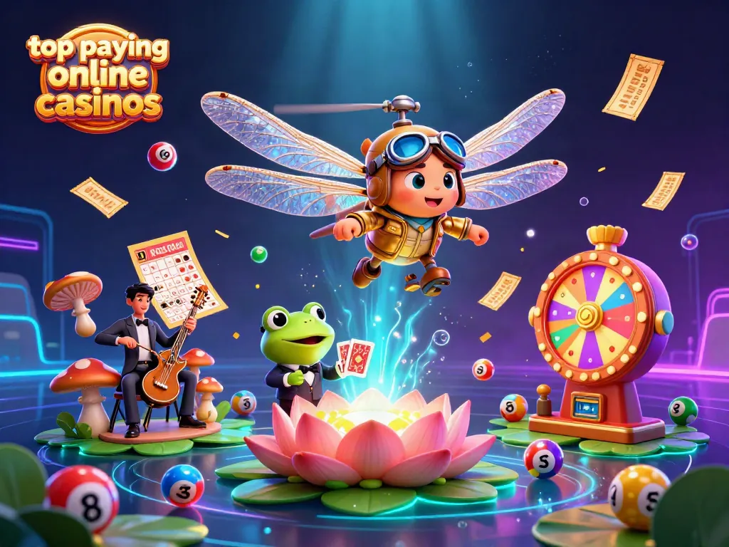 Engaging scene showcasing top paying online casinos with a dragonfly helicopter pilot and frog croupier in a fun, animated casino setting.