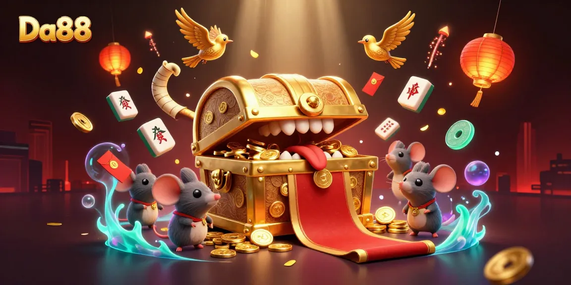 Engage with Da88's vibrant 3D casino scene featuring a treasure chest, festive decorations, and dynamic casino elements.