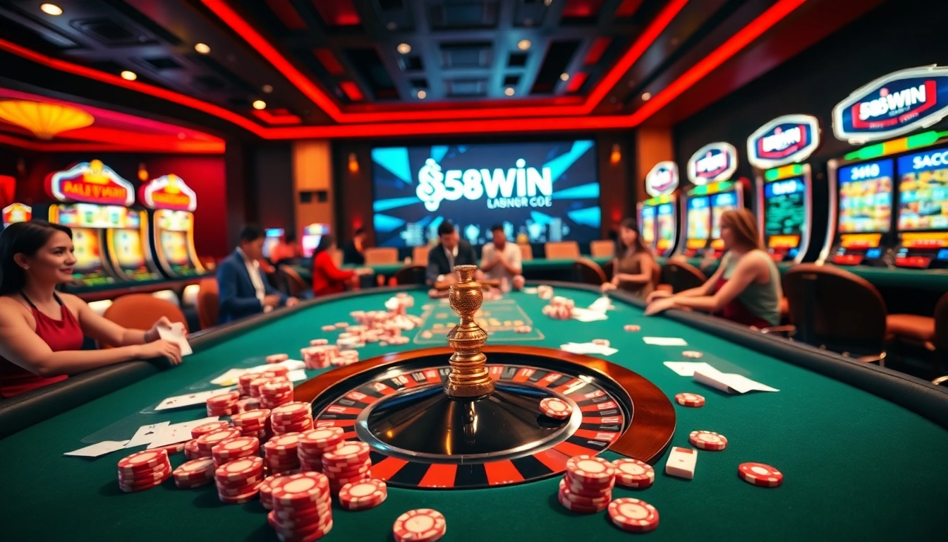 58WIN players enjoying an exciting poker game filled with chips and cards in a vibrant casino atmosphere.