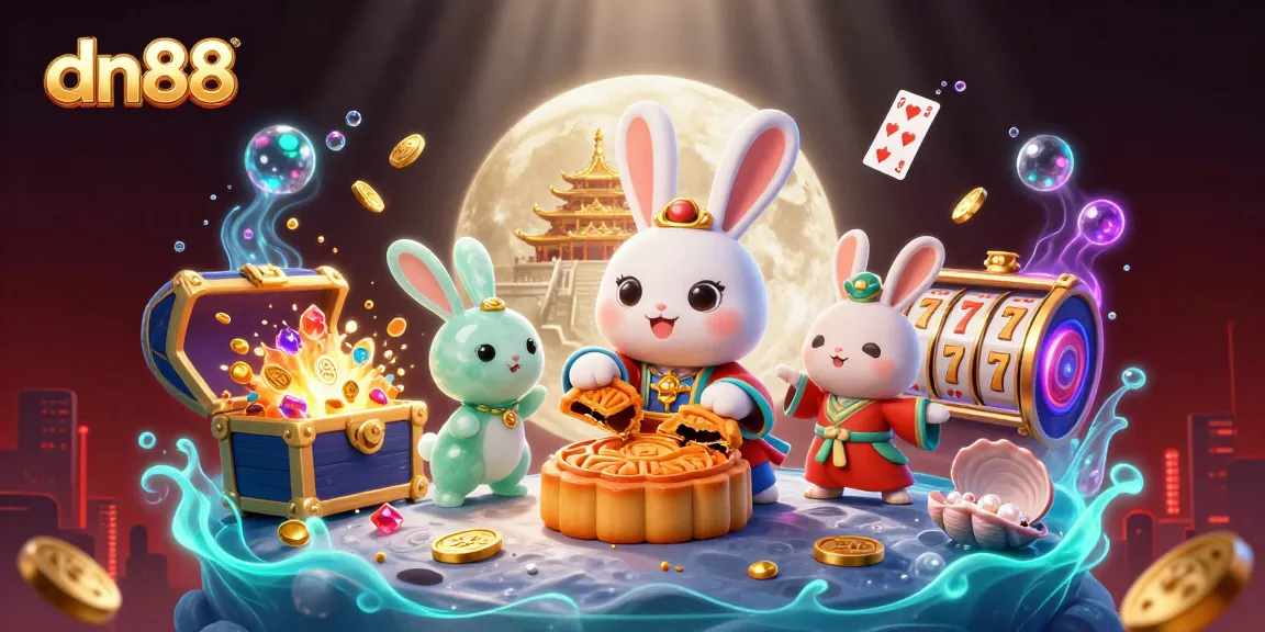 Engage in thrilling gameplay on dn88 with a vibrant illustration featuring a moon rabbit and casino elements.