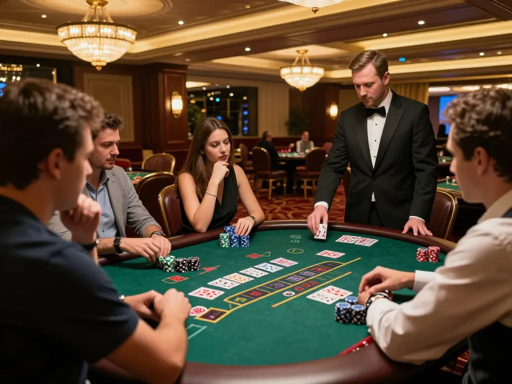 Players engaged in a focused blackjack game at gk888 casino table, showcasing strategy and excitement.