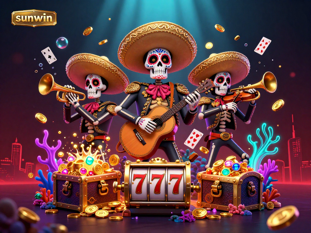 Experience the vibrant thrill of sunwin gaming with a lively mariachi band and cascading slot symbols.