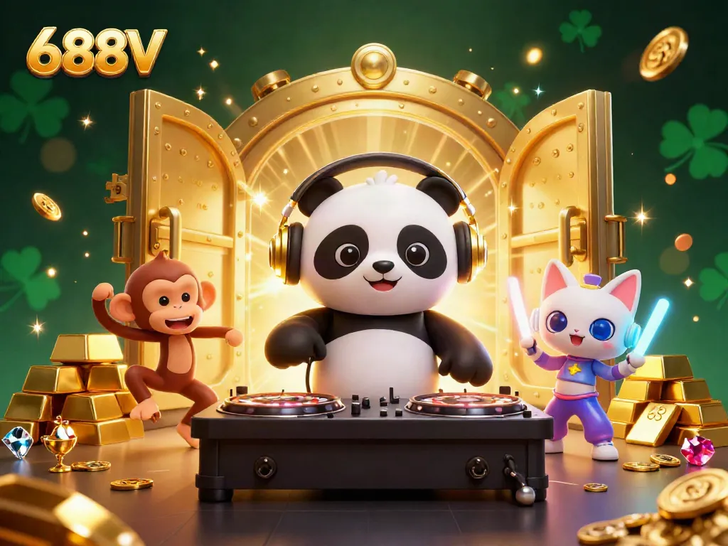 Engage in high-stakes excitement with 688V as a DJ panda spins roulette while a breakdancing monkey brings energy to the casino scene.