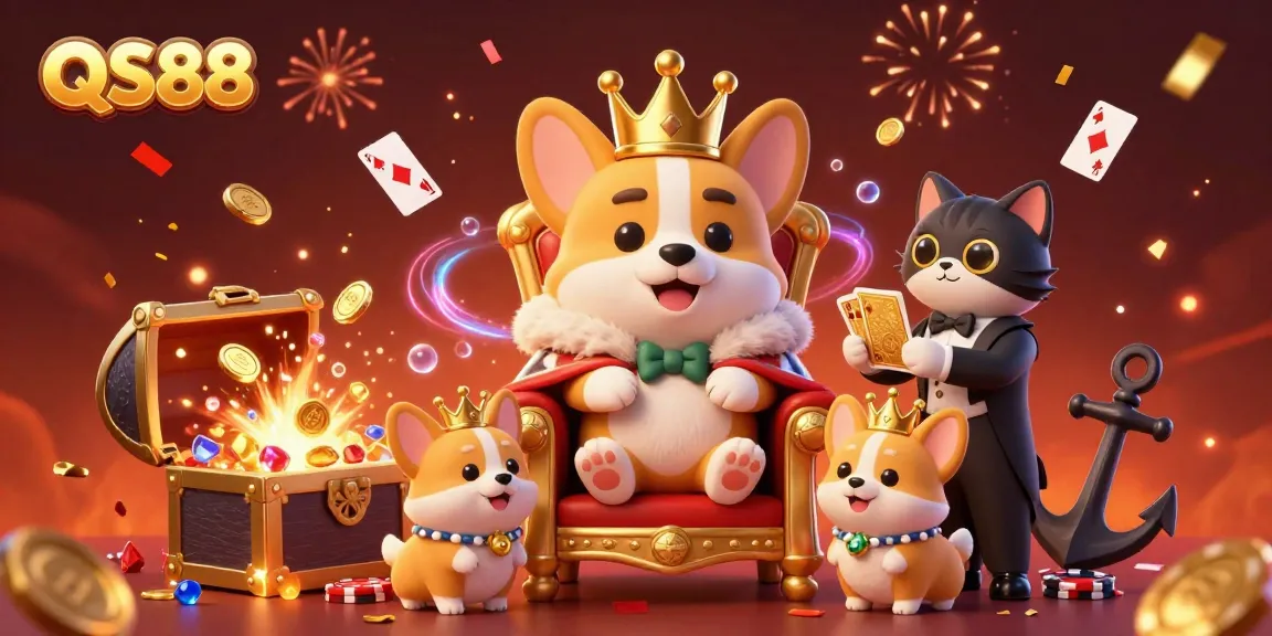 Join the royal fun with QS88, featuring a crowned corgi on poker chips surrounded by magical casino elements.