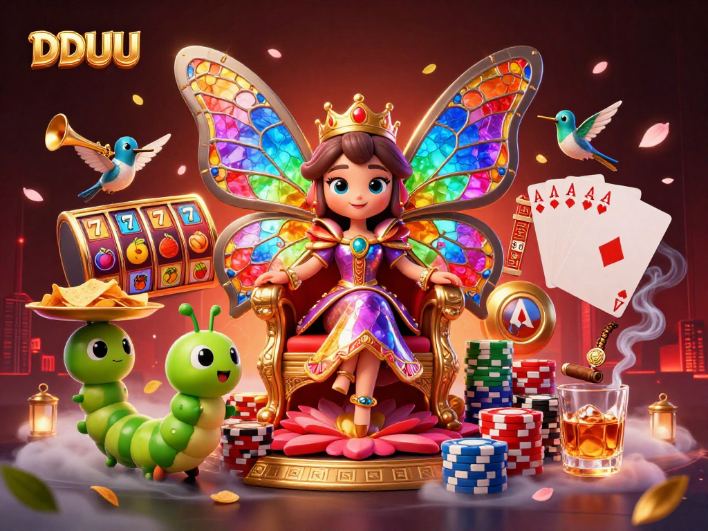 Experience DDUU's vibrant slots with a butterfly queen and lively gaming elements.