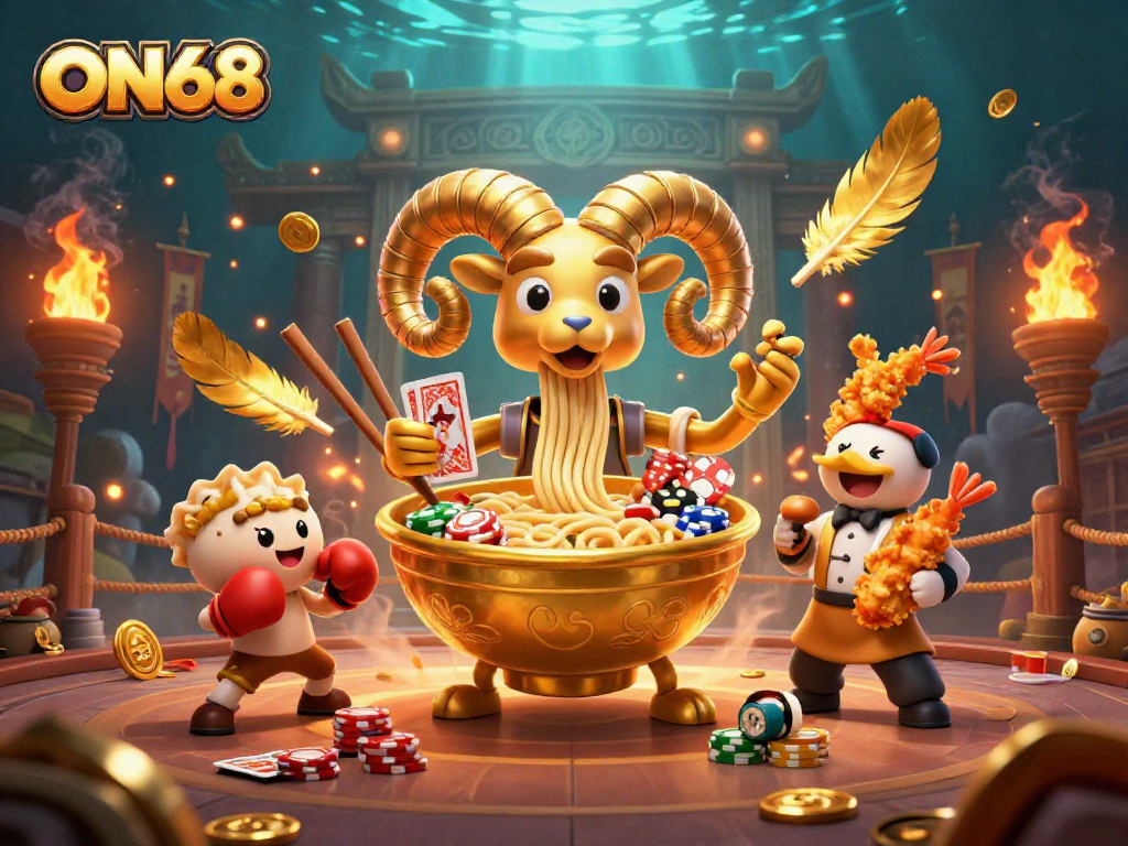 ON68 showcases a vibrant 3D illustration of unique characters in an energetic casino setting, complete with stunning effects.