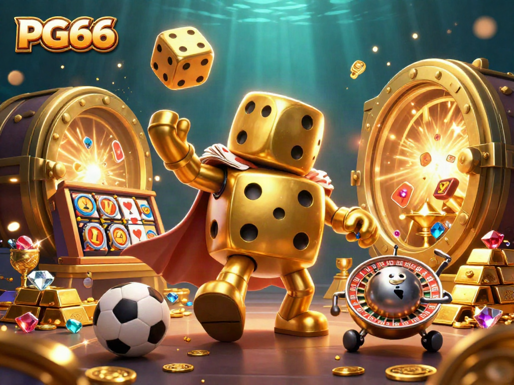 Engage with PG66's vibrant gaming world, featuring a dynamic golden dice golem and captivating casino elements.