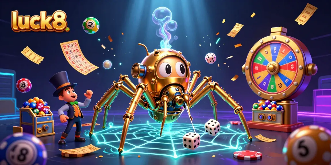 Luck8 presents a dynamic scene of a steampunk spider and fly gentleman amidst colorful lottery elements.