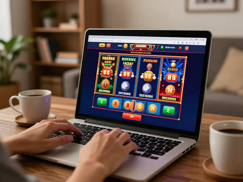 Engaging online gambling scene showcasing JJNN link in a cozy living room with vibrant slot games.
