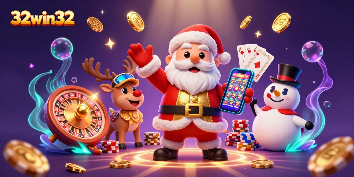 Win big with 32win32 at an exciting casino featuring Santa, a reindeer dealer, and a chip-hat snowman.