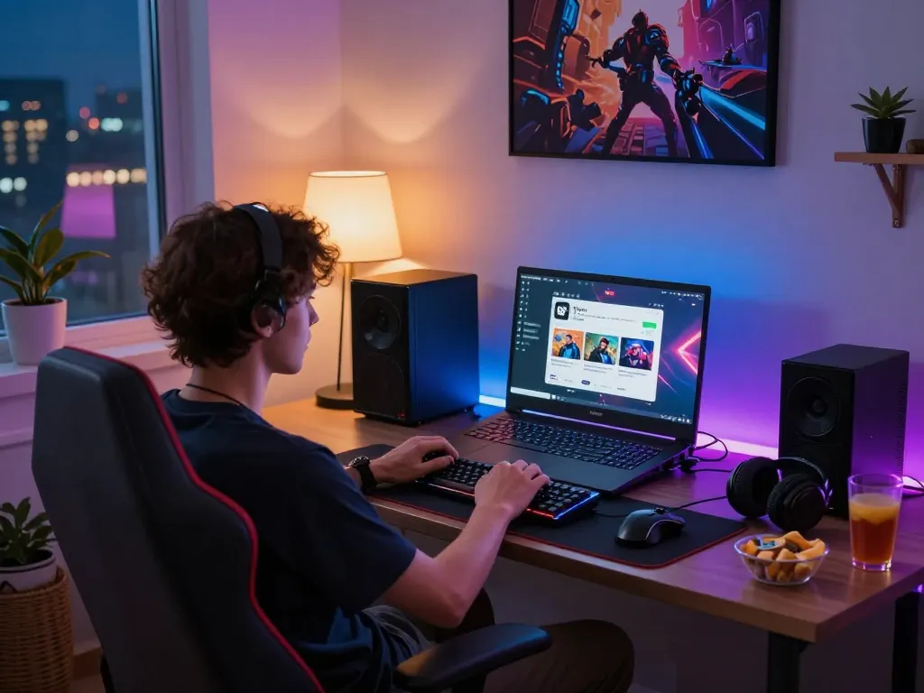 Engaged gamer using the 12Bet app in a vibrant, cozy gaming setup.