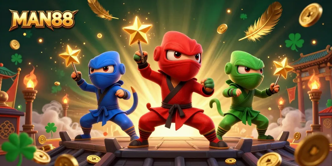 Engage in thrilling gaming action at MAN88 with our dynamic ninja chameleon team surrounded by casino elements.