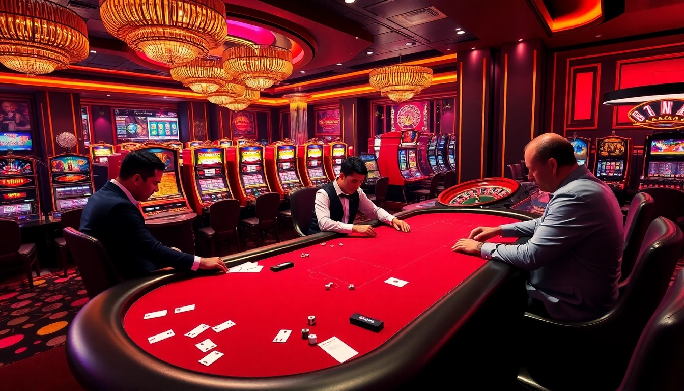 High-stakes poker game at a luxury casino with 789f chips and vibrant slot machines.