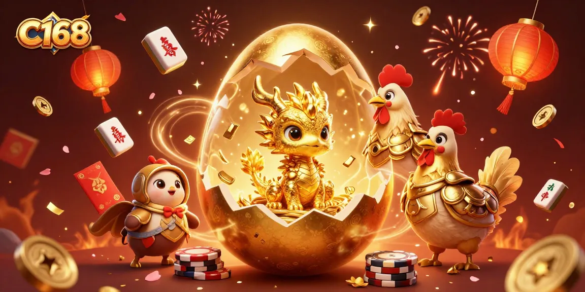 C168 reveals a golden dragon amidst poker chips, symbolizing fortune and gaming excitement.