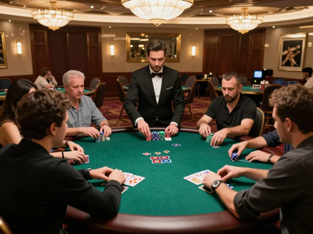 Nohu90 players engaged in high-stakes poker surrounded by an opulent casino setting.