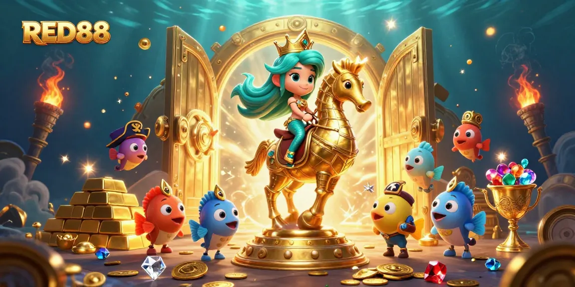 Immerse in the vibrant world of RED88, featuring a mermaid princess and a treasure-filled scene, perfect for online gambling enthusiasts.