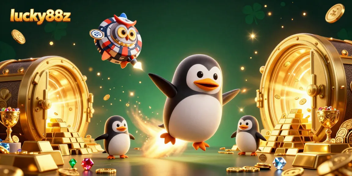 Experience thrilling wins at lucky88z with a dynamic casino scene of a penguin in space.