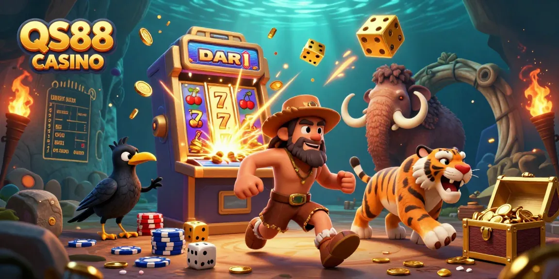 Experience the thrilling QS88 CASINO atmosphere with a vibrant 3D scene featuring classic gaming elements.