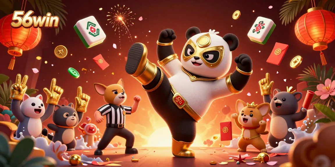 Experience thrilling action with 56win as the panda flies through a lively casino scene.