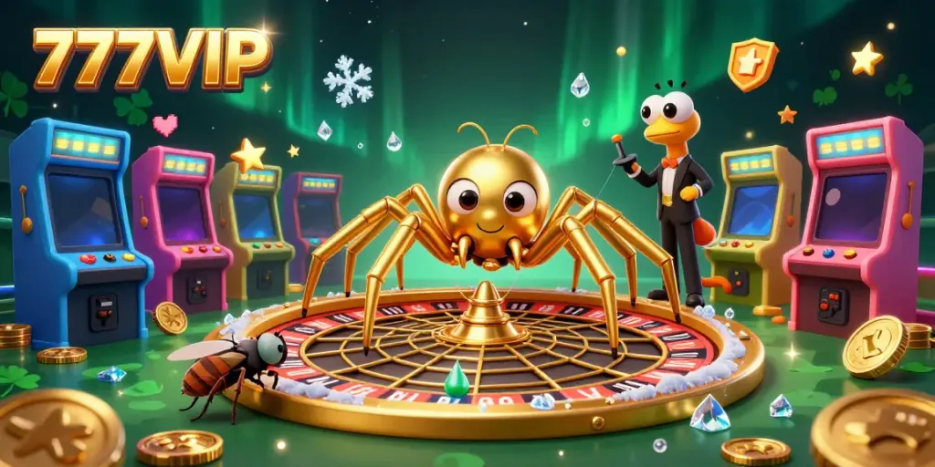 Engage with 777VIP through a vibrant illustration showcasing a golden spider and centipede croupier in a casino-themed dynamic scene.