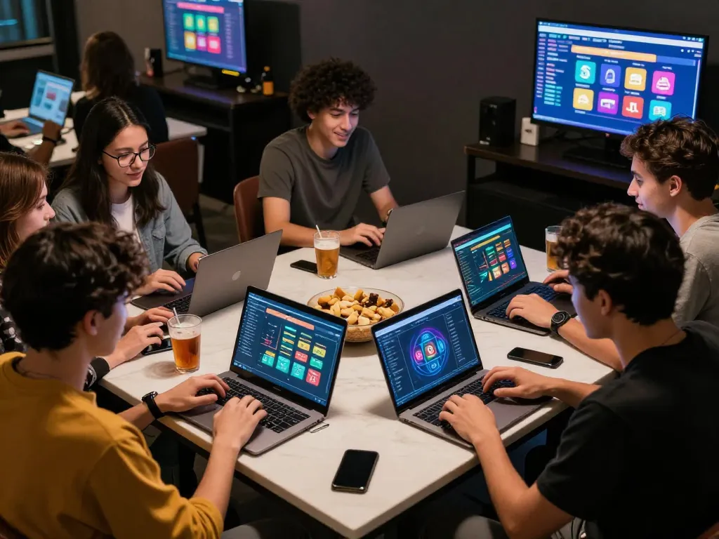 Engaged friends enjoying TR88 online betting experience with laptops and snacks.