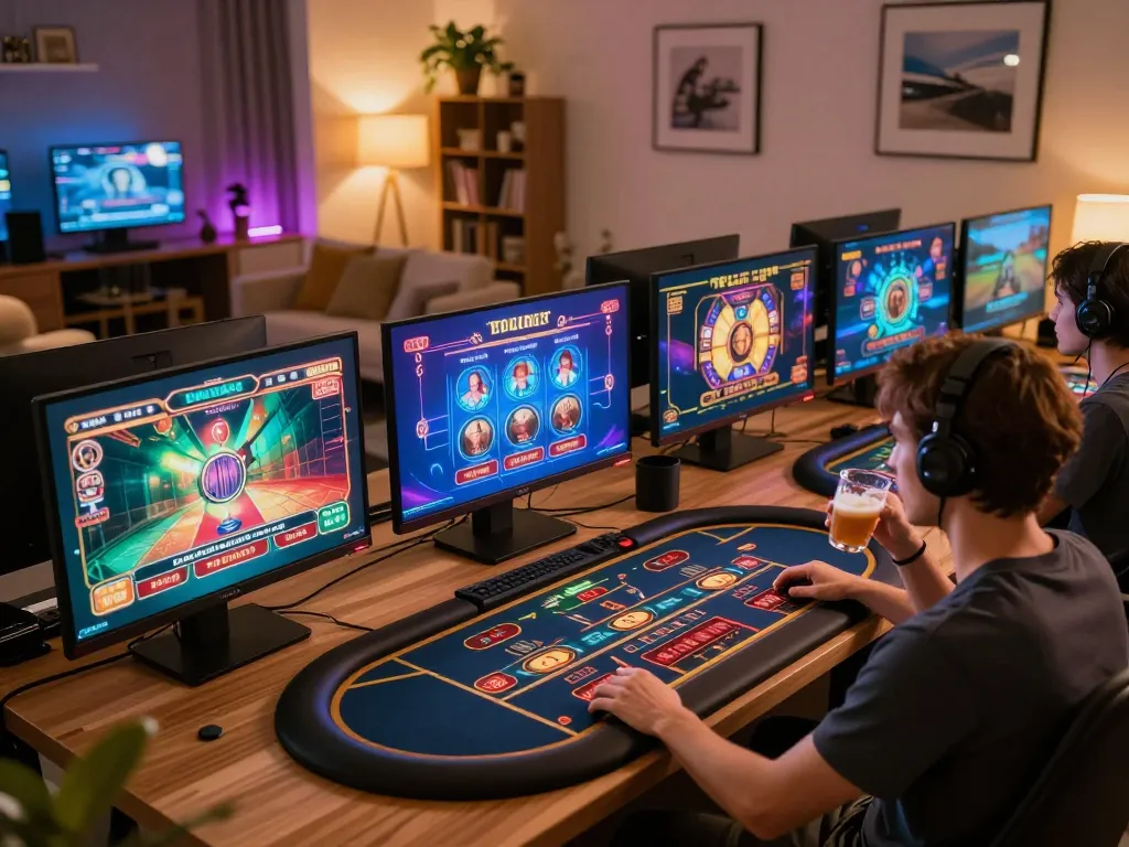 Engage in immersive gaming with 789win link mới from a cozy home setup featuring slot machines and live dealer tables.