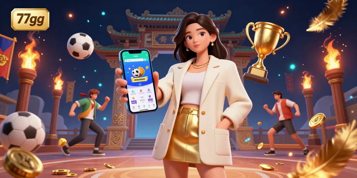 Engage in thrilling sports betting with 77gg as a charming Asian woman showcases an app amidst dynamic gaming elements.