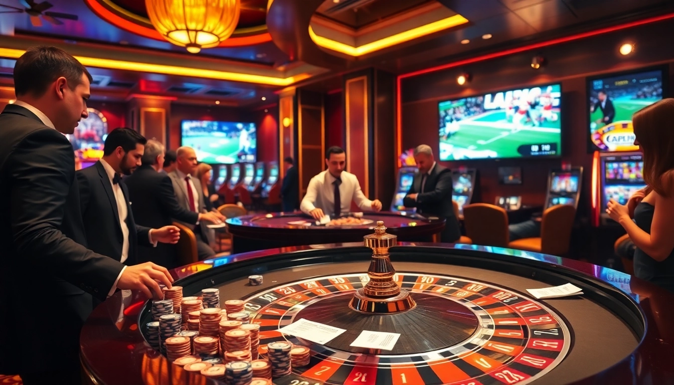 A vibrant casino atmosphere showcasing 99win with players engaging at a roulette table and colorful slot machines.