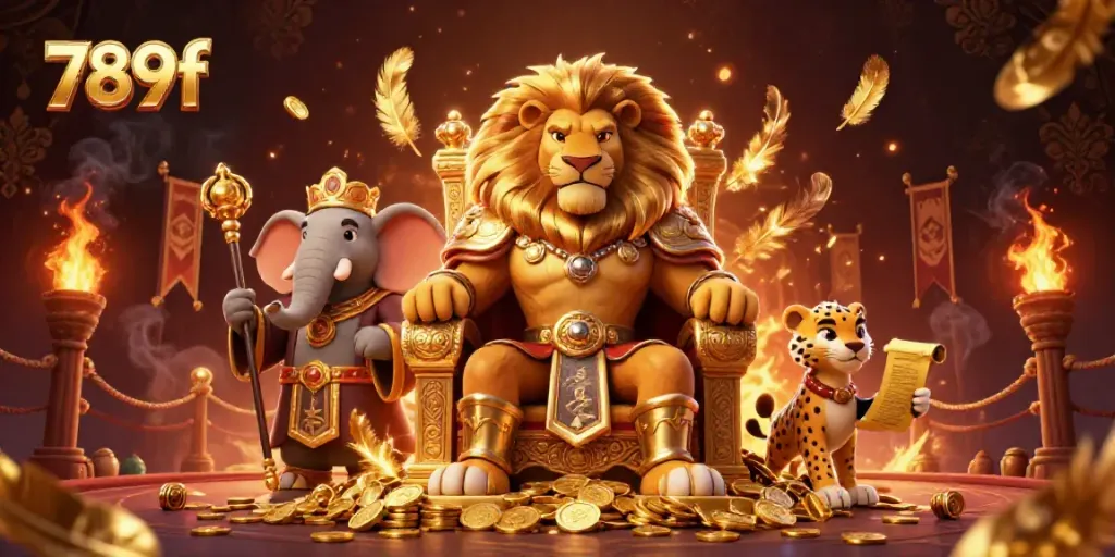 Engage in thrilling 789f gaming with a majestic lion king surrounded by gambling elements