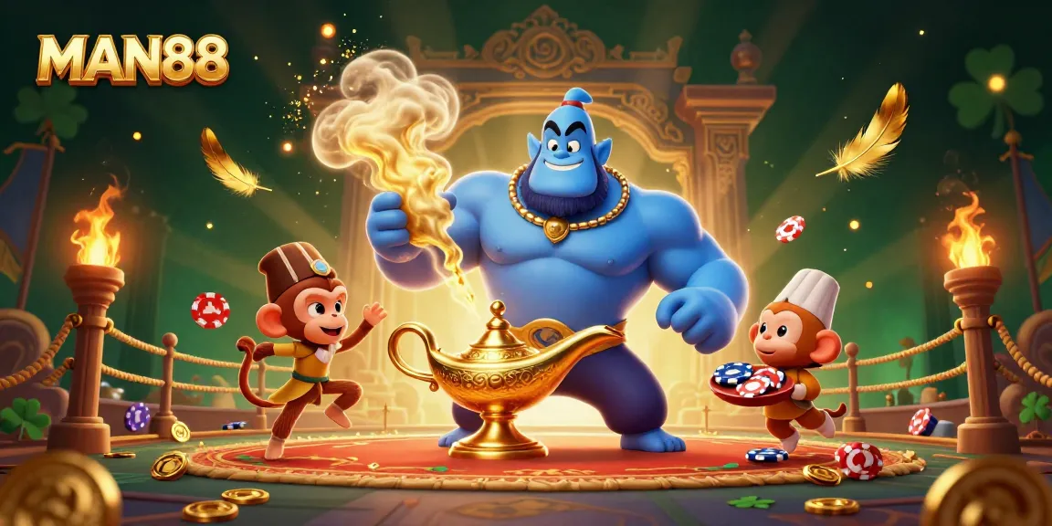 Experience the thrill of winning big at MAN88 with energetic casino illustration featuring iconic characters and golden elements.