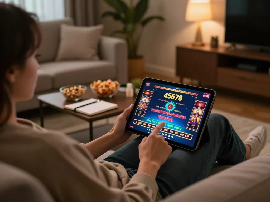 Engaging in online gaming at 45678 casino with tablet in a cozy home setup.