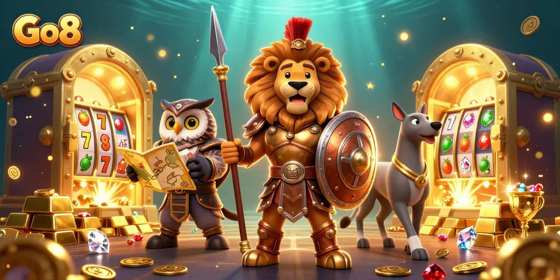 Go8 casino scene featuring a Spartan lion, owl, and greyhound amidst vibrant gaming elements.