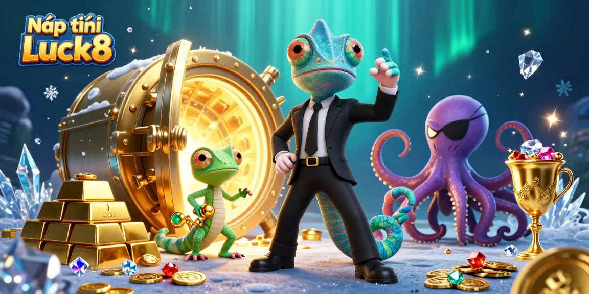 Nạp tiền Luck8 with a vibrant 3D illustration of a secret agent chameleon and casino treasures.