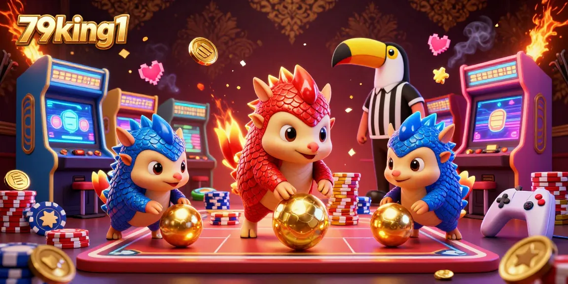 Engage in vibrant gaming action with 79king1 as pangolins celebrate wins, dancing around colorful arcade machines.