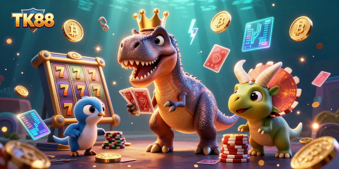 Join the fun at TK88 as the T-Rex shuffles cards for an exciting casino experience.
