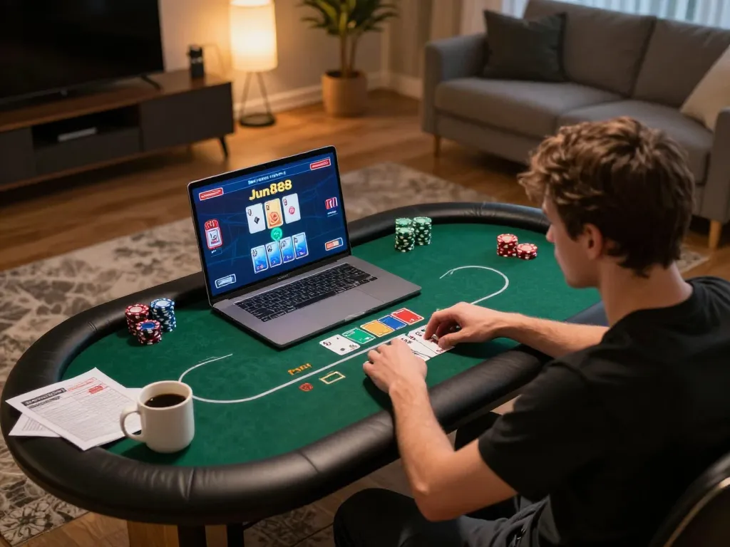 Player engaged in an exciting Jun888 poker game at home, reflecting strategic gameplay.