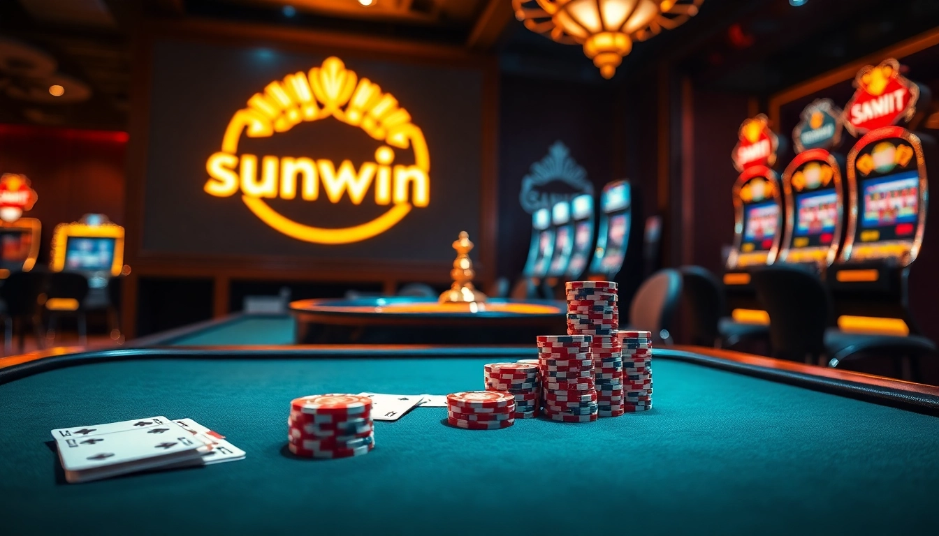 Experience the thrill of sunwin with luxurious casino elements including vibrant poker tables and roulette wheels.
