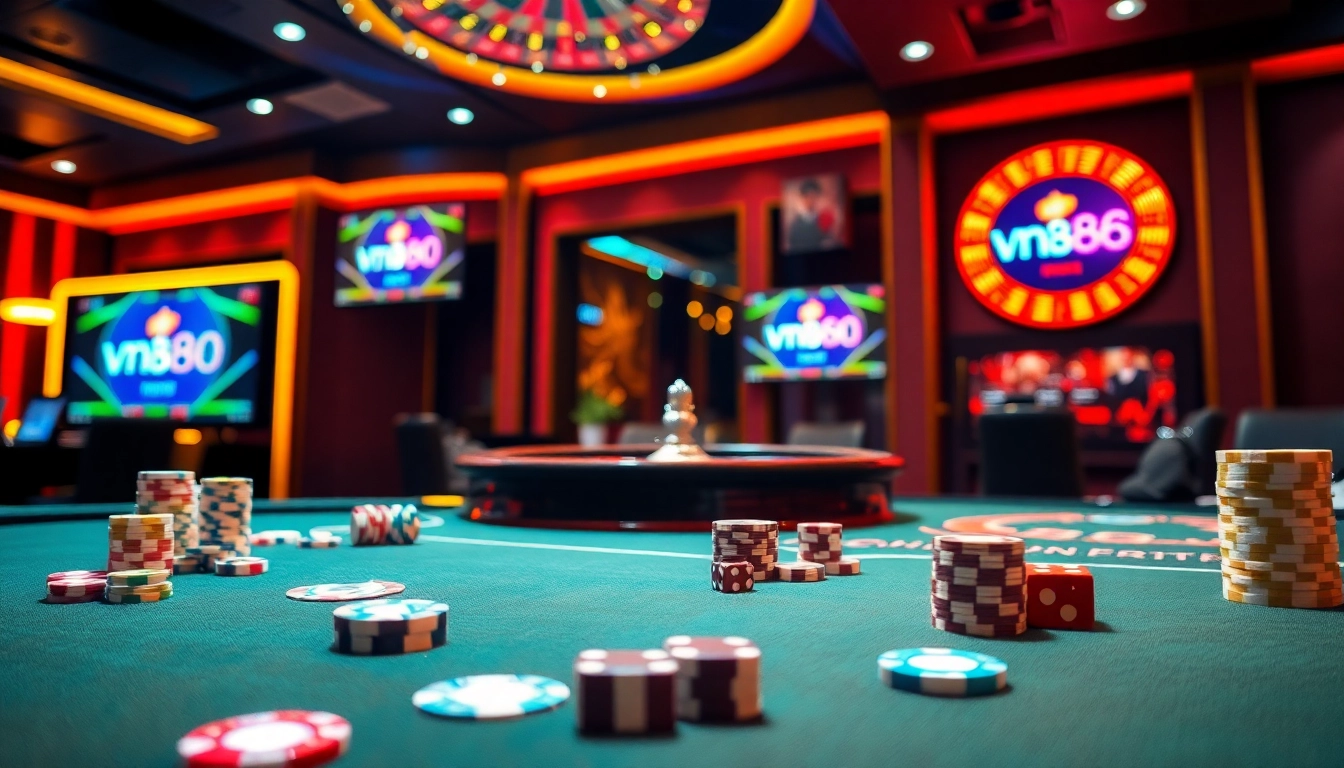 Experience the thrill of vn888 with vibrant casino action, poker chips, and spinning roulette wheels.