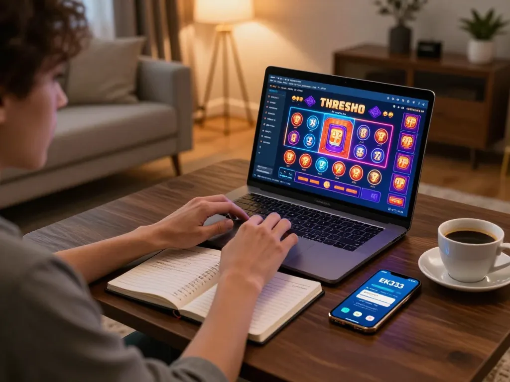 Player engaging in online gambling with EK333 on laptop in a cozy home setting