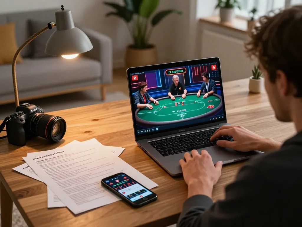 Player enjoying an online poker game on a laptop with 27G casino app in a cozy home setting