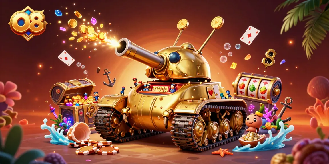 Experience thrilling games at O8's miniature combat casino tank, with fun coins and vibrant action!