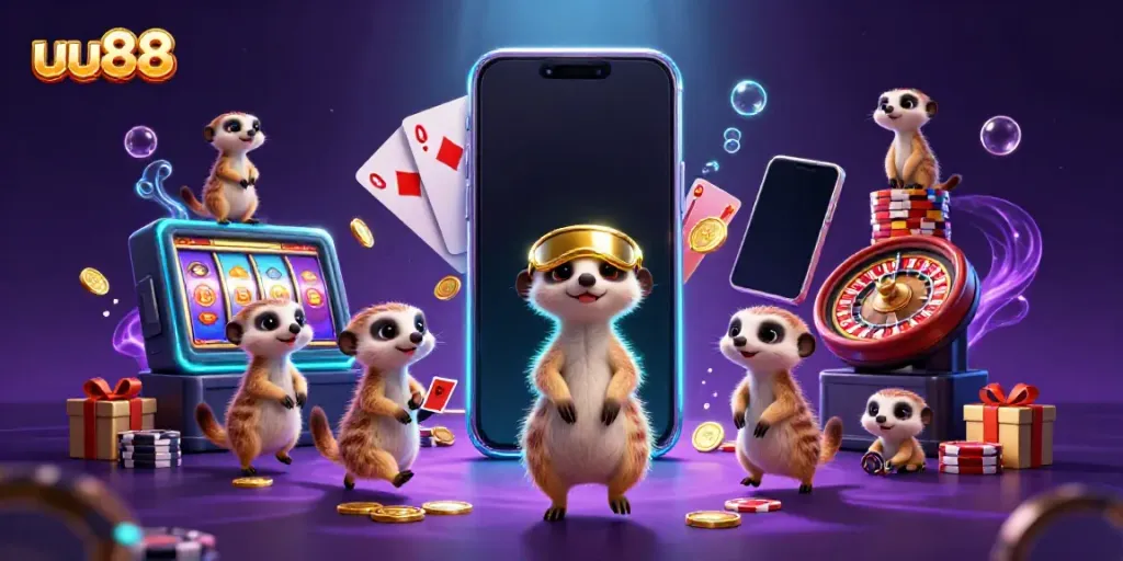 Experience dynamic casino action with meerkats in a colorful uu88-themed scene full of slot games and excitement.