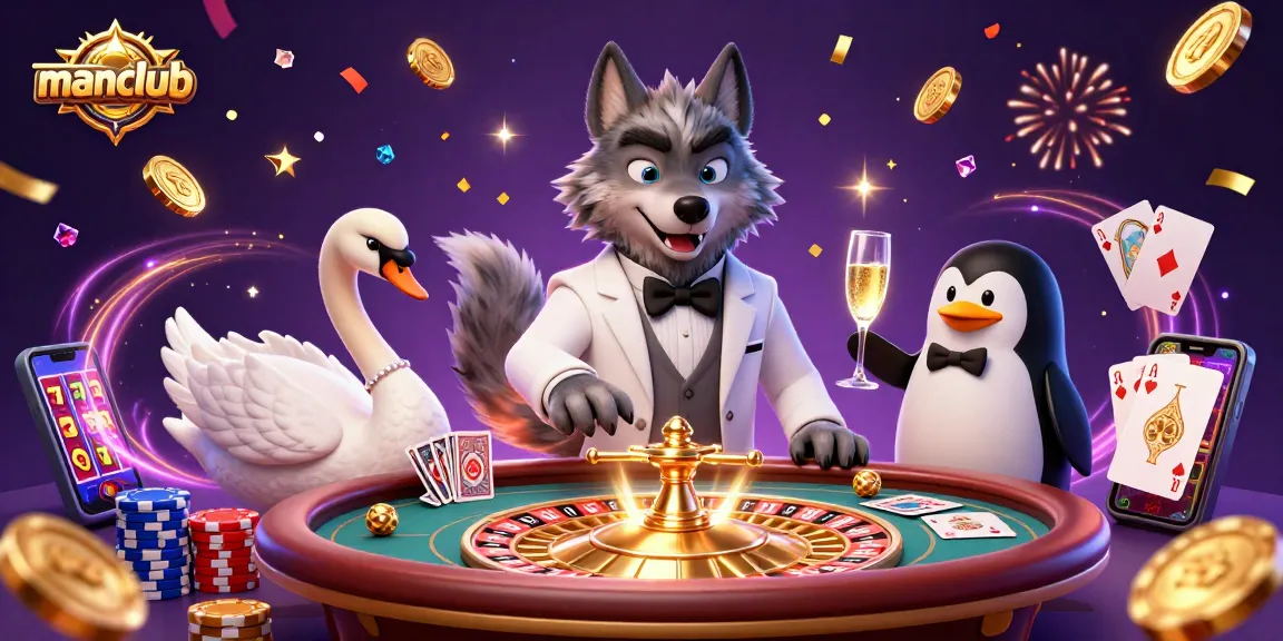 Experience excitement at manclub's online casino with card games, vibrant characters, and dynamic visuals.