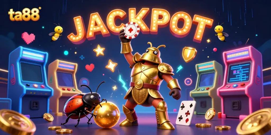 ta88 celebrates victory with a 3D hercules beetle triumphantly lifting a poker chip in a vibrant casino scene