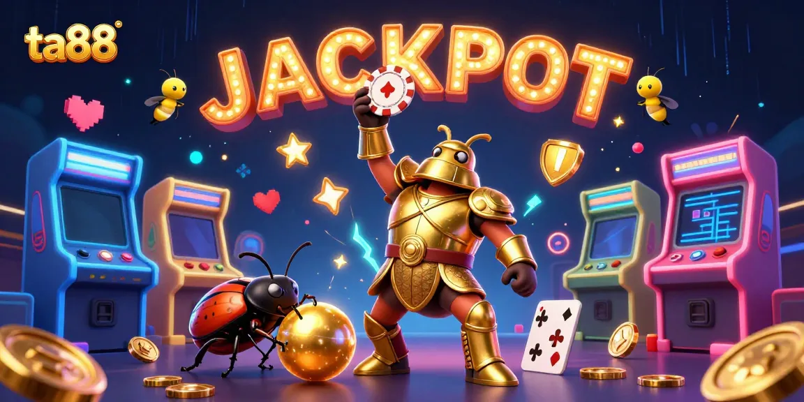 ta88 celebrates victory with a 3D hercules beetle triumphantly lifting a poker chip in a vibrant casino scene