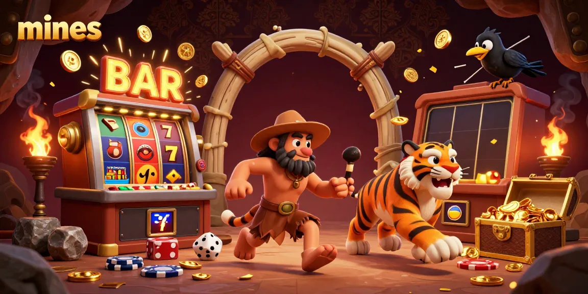 Engage with the mines casino adventure featuring a lively caveman, sabertooth tiger, and clever crow amidst jackpot explosions and glowing elements.