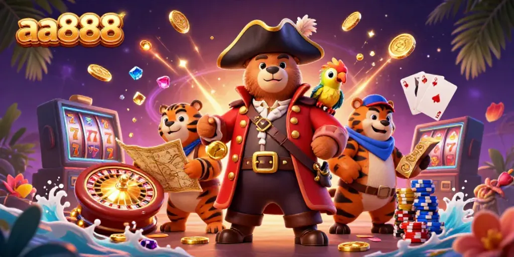 Engage in thrilling gameplay with aa888 as a pirate captain bear and his fierce tiger first mate explore the casino.