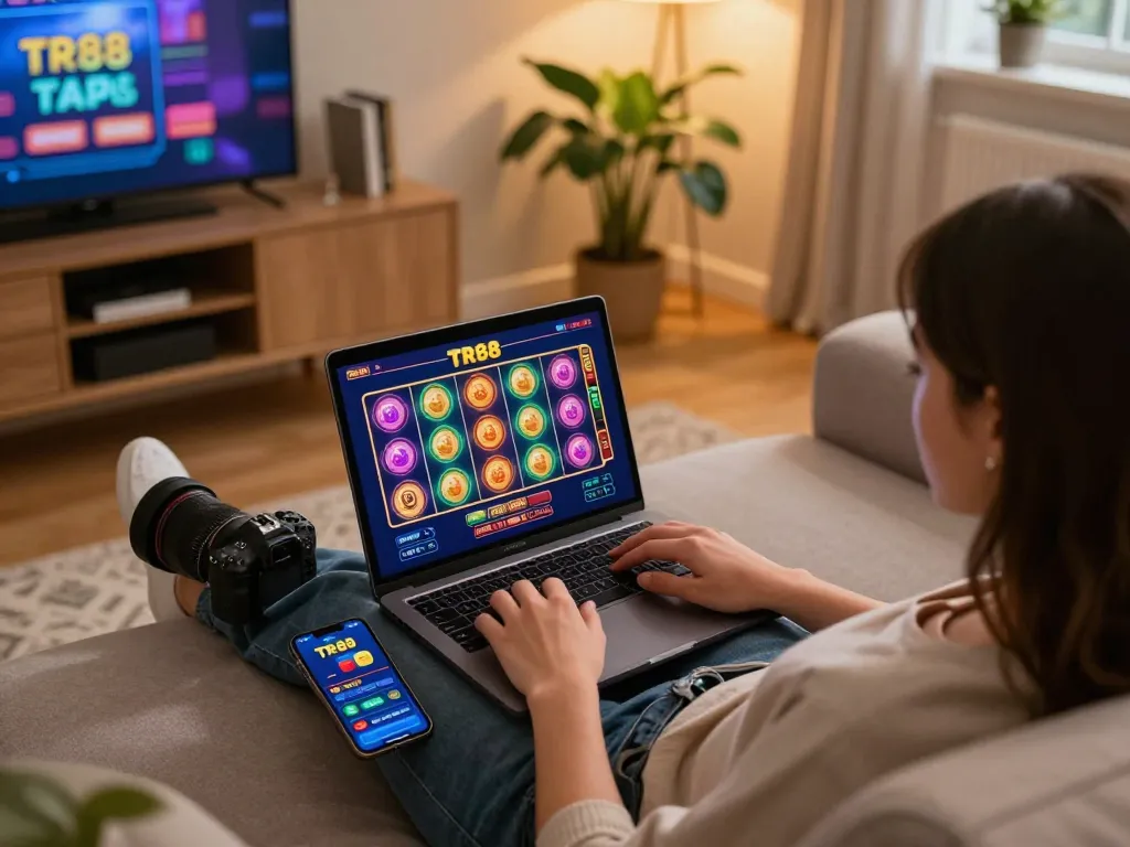 Player enjoying TR88 online casino gaming at home with laptop and smartphone for a fun experience.