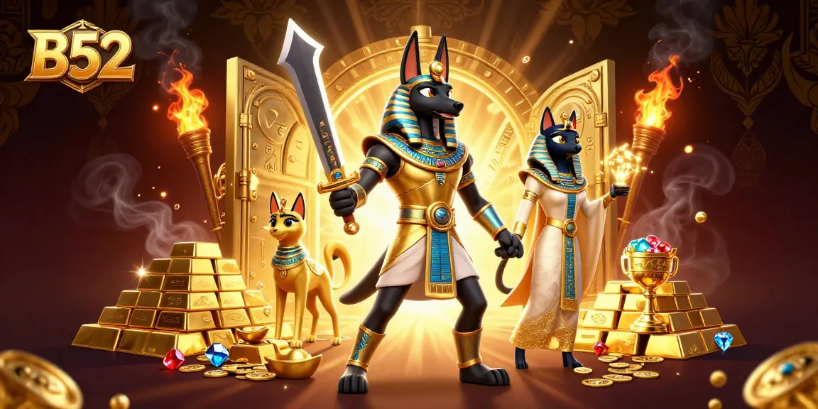 Experience the excitement of B52 with a vibrant casino-themed scene featuring gold treasures and ancient warriors.